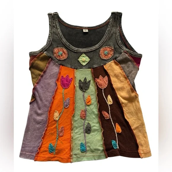 Unbranded bohemian Style Tank Cotton Patchwork Floral Embroidery Tank Top Size L - Picture 6 of 9